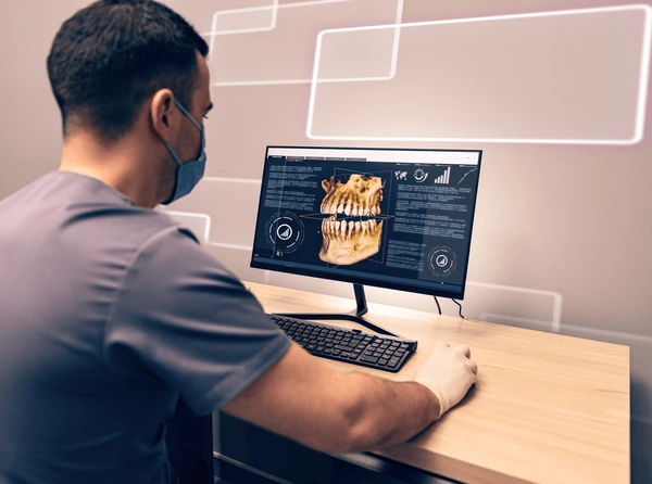 Clinician analysing a 3D jaw scan and dental analytics on a desktop workstation